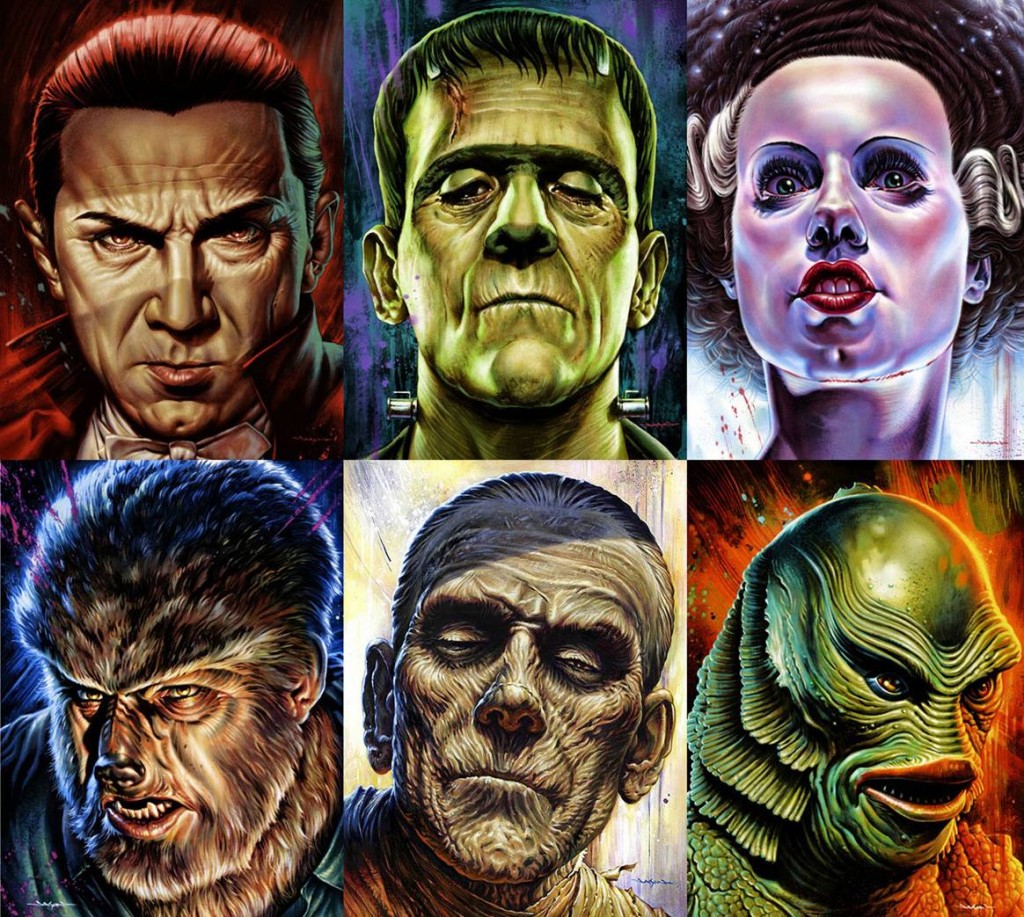 The Castlevania series has  featured enemies based on Universal's monsters. Clockwise from top: Dracula, Frankenstein monster, the Bride, Creature from the Black Lagoon, the Mummy, and Wolfman.
