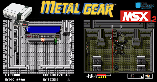 See the difference! The NES Metal Gear (on left) changed the final boss to a super computer from its original bipedal tank form in teh MSX2 version (on right)