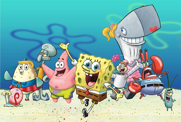 L to R: Gary, Miss Puff, Squidward Tentacles, Patrick Star, Spongebob Squarepants, Sandy Cheeks, Pearl, Mr, Krabs, Plankton