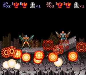 Bill and Lance strike a manly pose after defeating  the Stage 1 boss in Contra III: Alien Wars