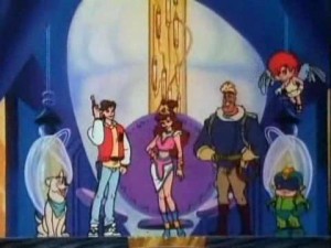 Kevin and his pal Duke (at left) help Princess Lana (center) defend Video Land along with Simon Belmont, Megaman and Kid Icarus (at right).