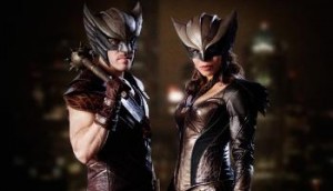 Falk Hentschel and Ciara Renee in costume as Hawkman (Carter Hall) and Hawkgirl (Kendra Saunders) respectively