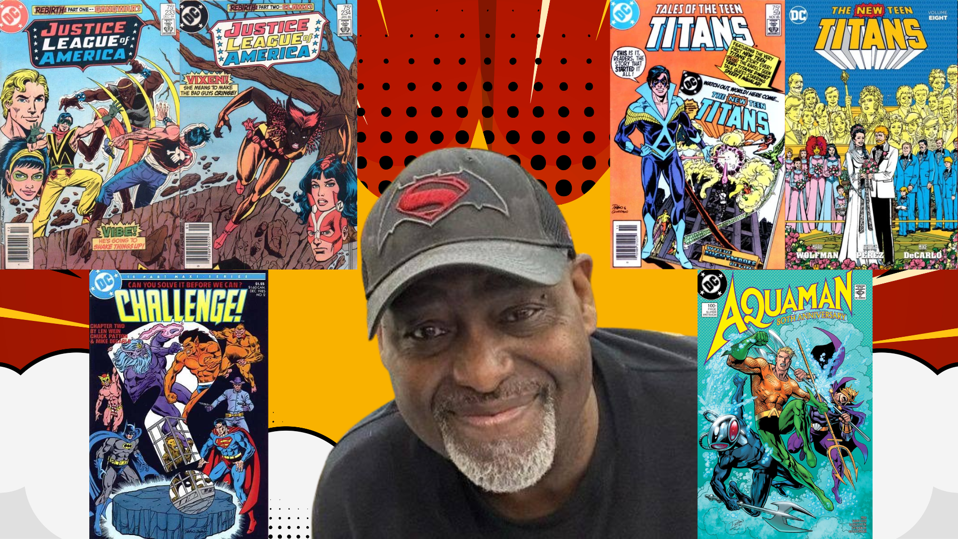 Chuck Patton's Face Surrounded By Several Of The Comic Book Covers He's Drawn.