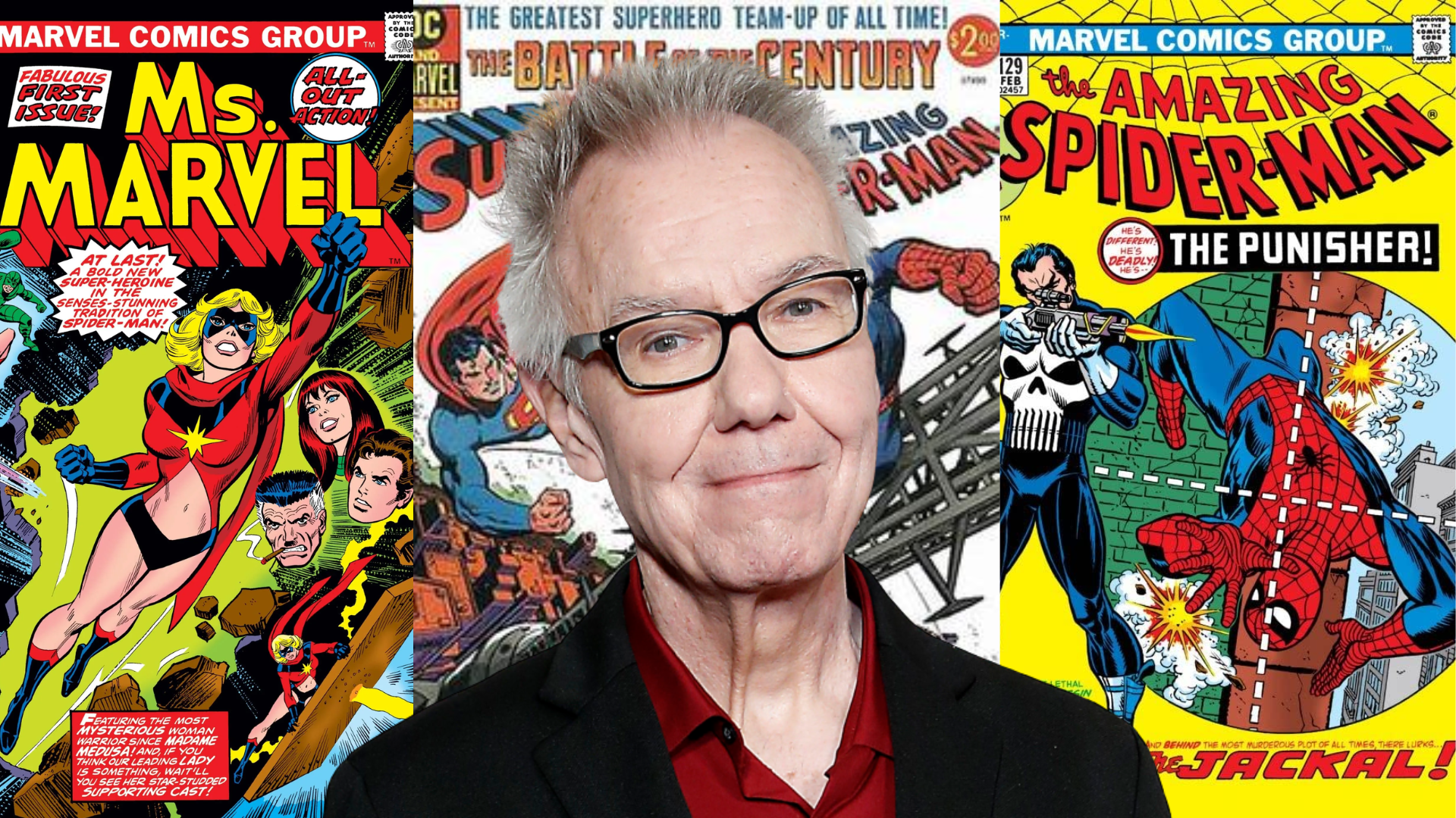 A Picture Of Gerry Conway With The Covers Of Several Comics He's Written Behind Him.