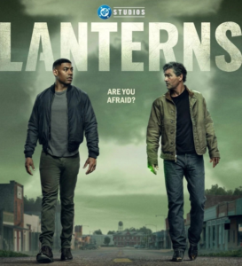 John Stewart and Hal Jordan Looking At Each Other With The Logo Behind Them.