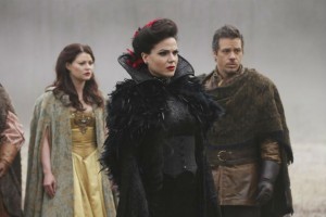 The residents of Storybrooke return home to find it in disarray. Pictured: Snow White (Ginnifer Goodwin), Regina (Lana Prillia) and Prince Charming (Josh Dallas)