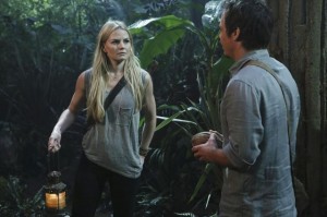 Emma (Jennifer Morrison,  left) and Neal/Baelfire (Michael Raymond-James) head for Dark Hollow to trap Pan's shadow