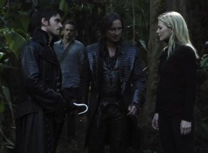 Emma (Jennifer Morrison; far right) works out a plan to save Henry with Gold (Robert Carlyle; right), Neal (Michael-Raymond James; left) and Hook (Colin O'Donoghue; far left)