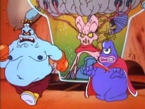 The evil Mother Brain (in back) tries to overthrow Princess Lana with assistance from her minions King Hippo and Eggplant Wizard.