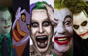 The Jokers: (L to R) Jack Nicolson (1989 Batman film), Mark Hamill (Batman animated series), Jared Leto (Suicide Squad 2016), Cesar Romero (1960 Batman series), Heath Ledger (The Dark Knight)