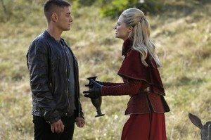 Having incurred Jafar's wrath,  the Red Queen (Emma Rigby) confesses her love to the Knave (Michael Socha)
